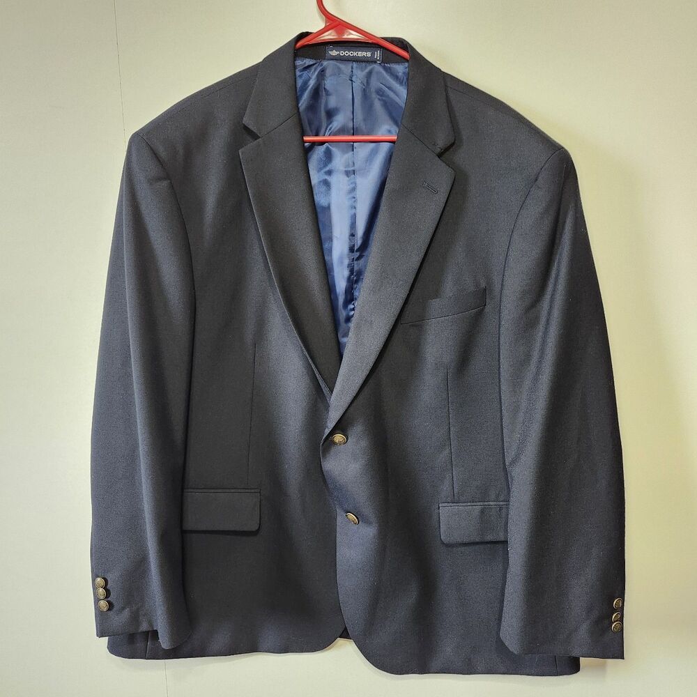 Dockers Men's Navy Blazer Sz 50R Sport Coat Gold Button 2-Button Lined Wool